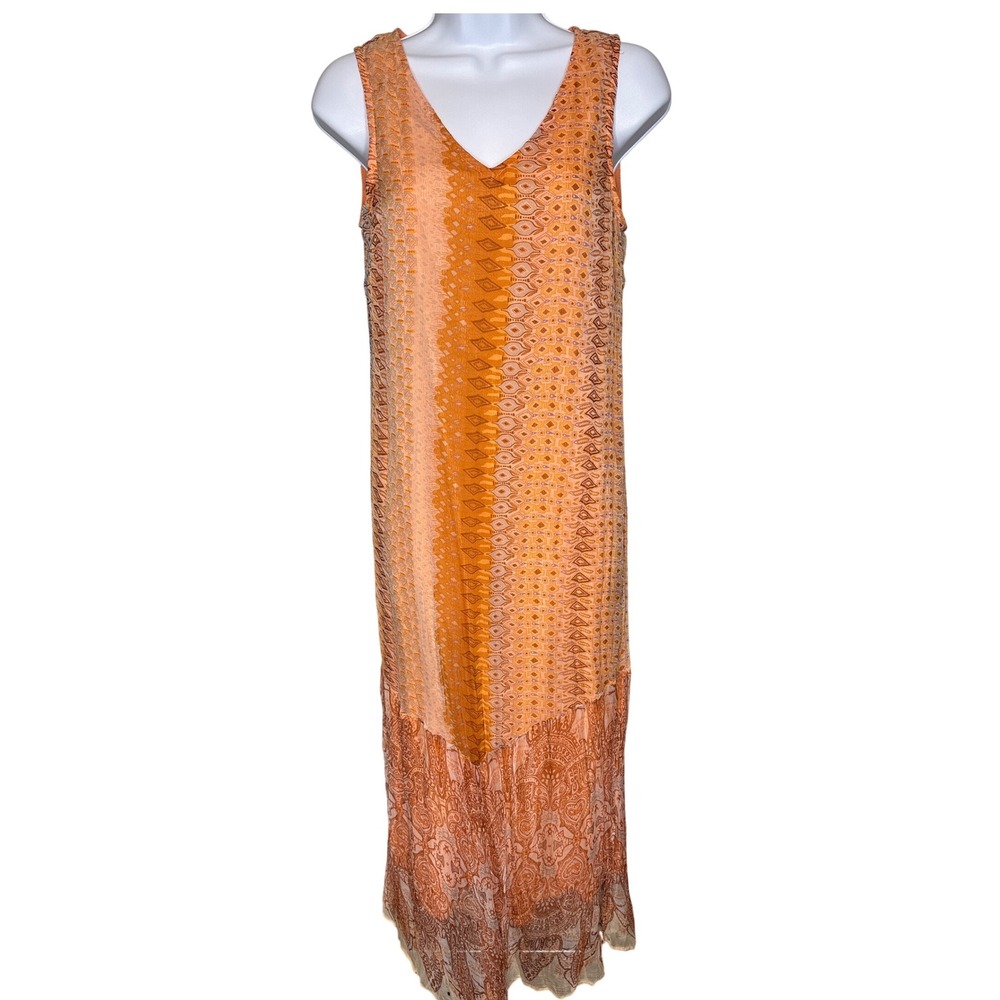 Sundance Orange Geometric Paisley V-Neck Maxi Dress Sz 2 Romantic Boho Flowy